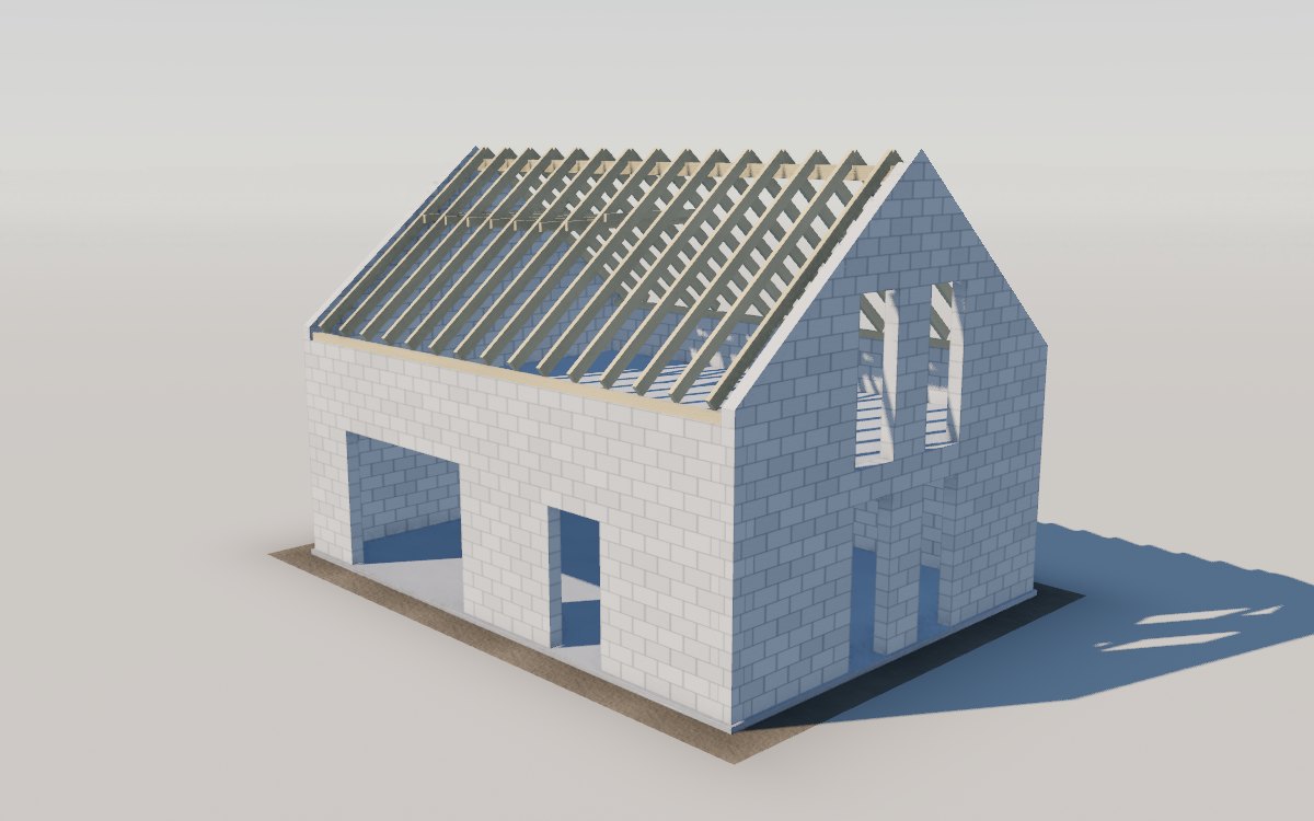 3D-Modell eines Hauses im Rohbau bei Tageslicht: gemauerte Wände, der Dachstuhl aus Holz steht schon