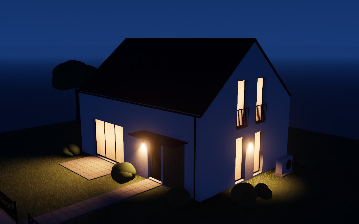 Dasselbe Haus fertig in der blauen Stunde: verputzt, mit Garten, in allen Fenstern brennt warmes Licht