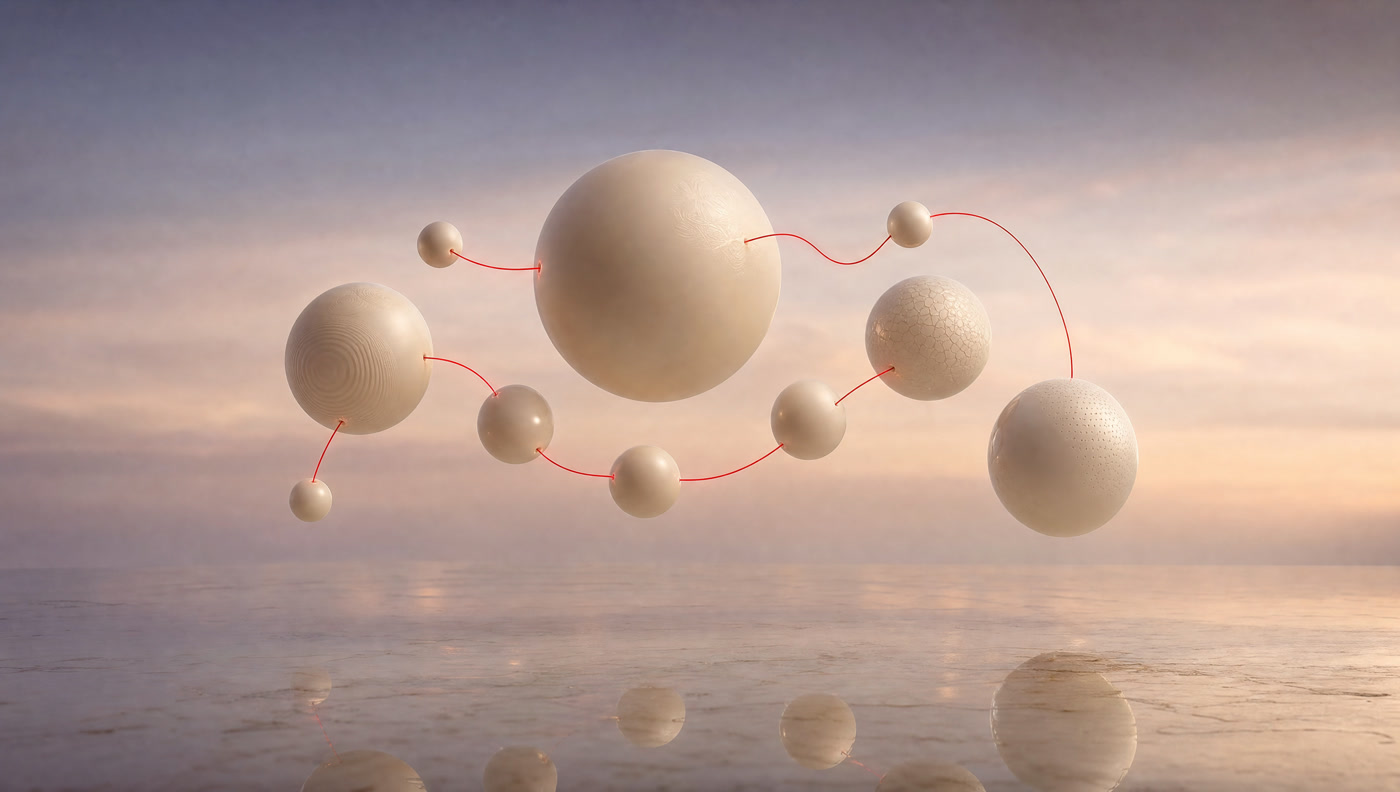 Schwebende Porzellan-Kugeln, verbunden durch rote Fäden, 3D-Illustration