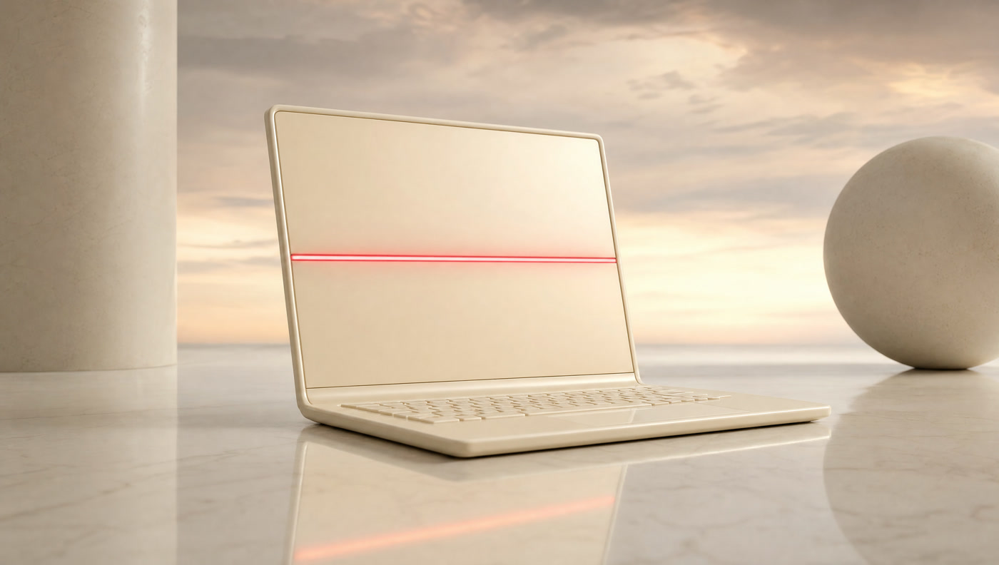 Laptop aus Porzellan mit roter Lichtlinie, 3D-Illustration