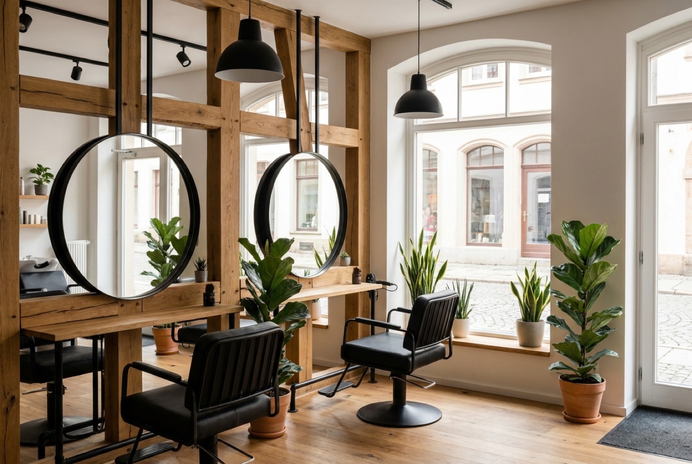 Heller Salon mit zwei Stühlen, Eichenholz und Spiegeln