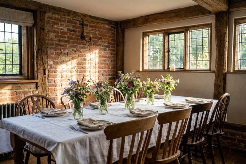 Festlich gedeckter Saal mit Wildblumen und Backsteinwand