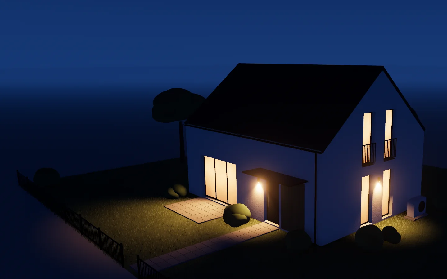 Ein fertiges Haus mit Satteldach in der blauen Stunde. In allen Fenstern brennt warmes Licht.