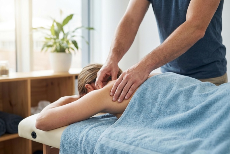 Therapeutenhände bei der Behandlung einer Schulter