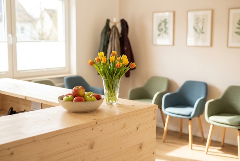 Empfang der Praxis mit Holztresen und Blumen